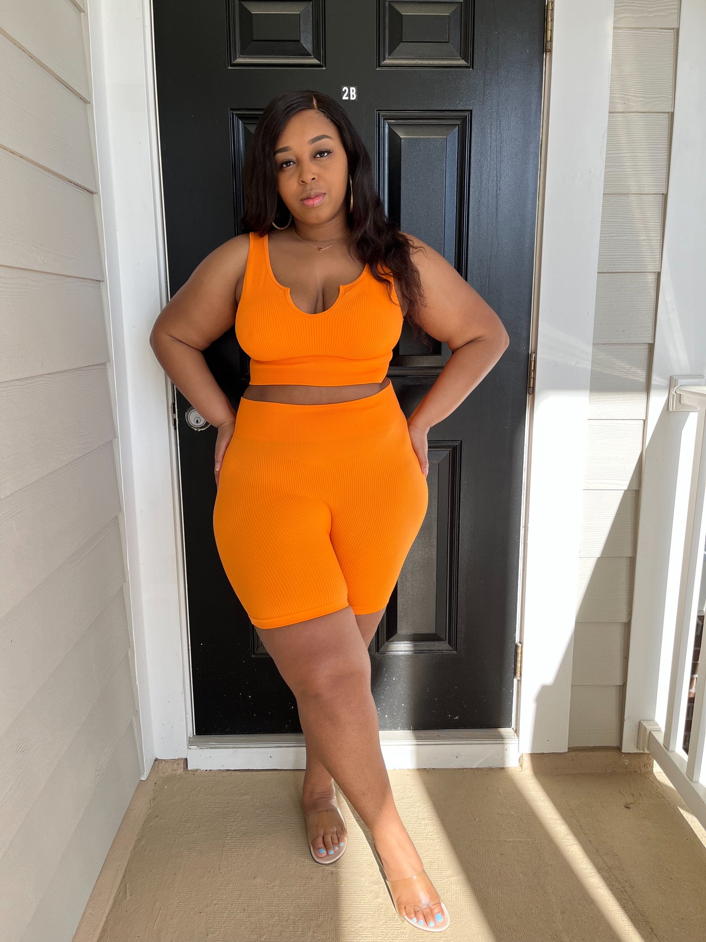 Casual Cutie | Orange Ribbed Biker Short Set