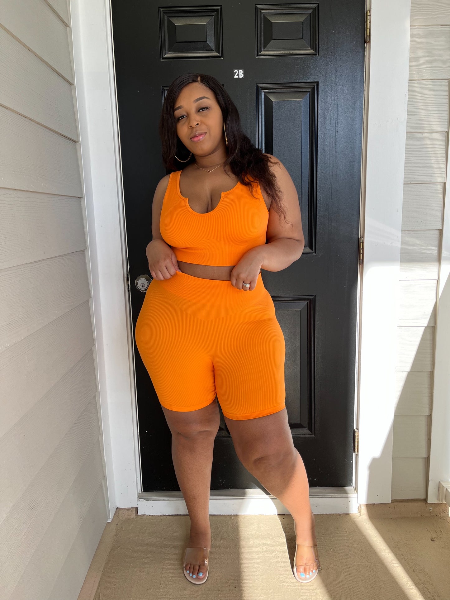 Casual Cutie | Orange Ribbed Biker Short Set
