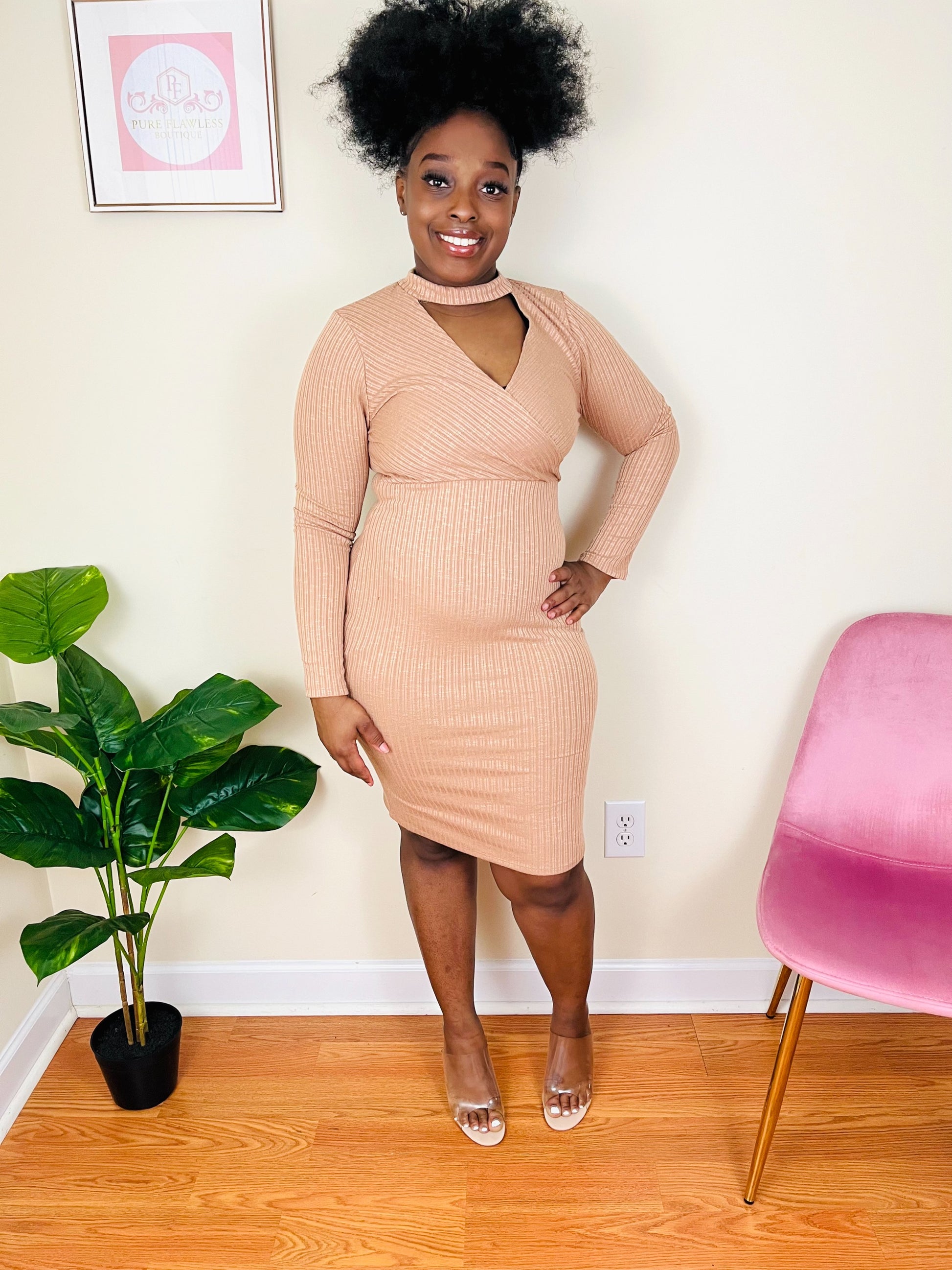 nude bodycon sweater dress - midi