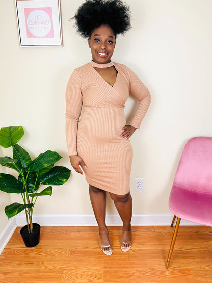nude bodycon sweater dress - midi