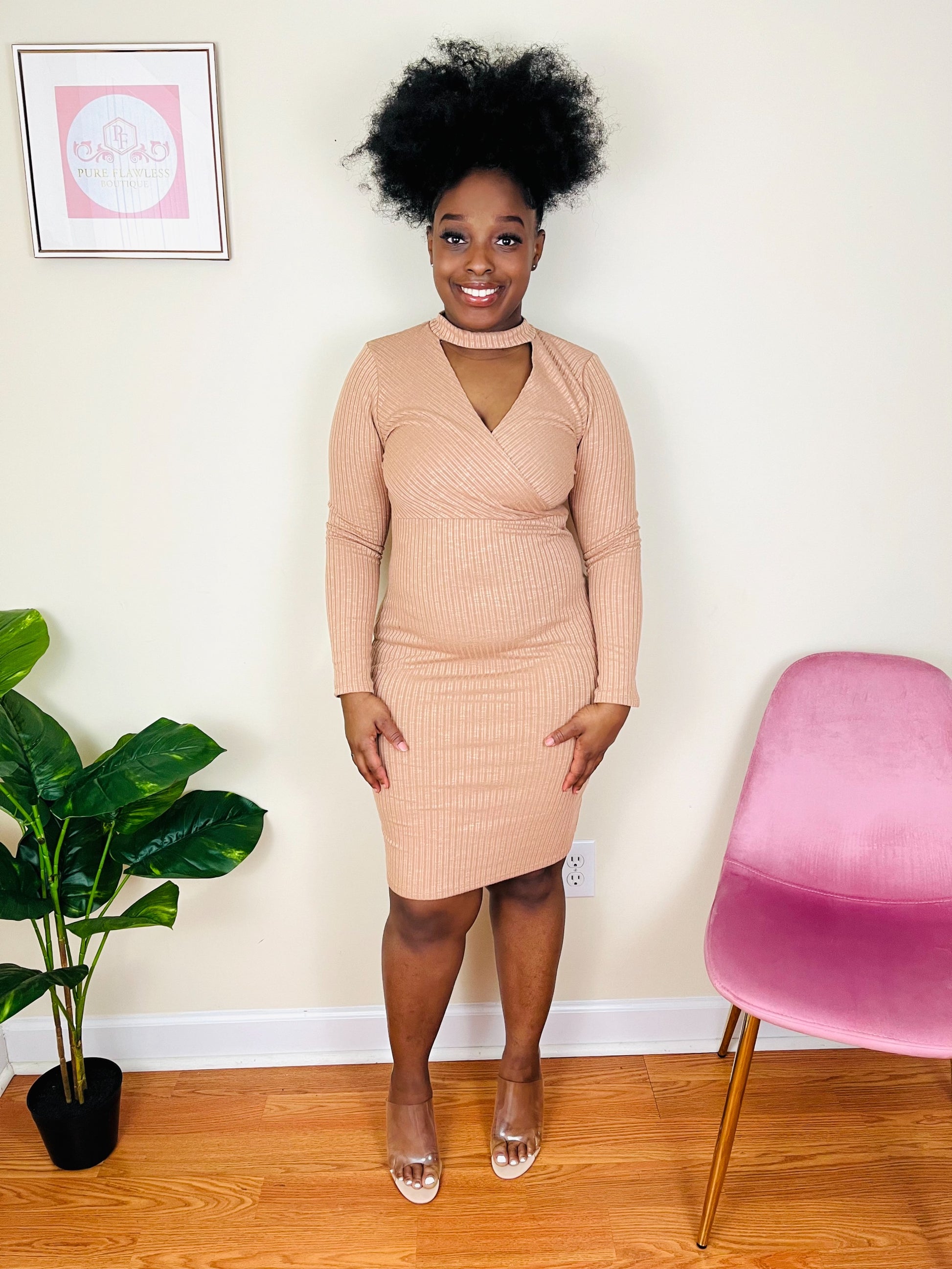 nude bodycon sweater dress - midi