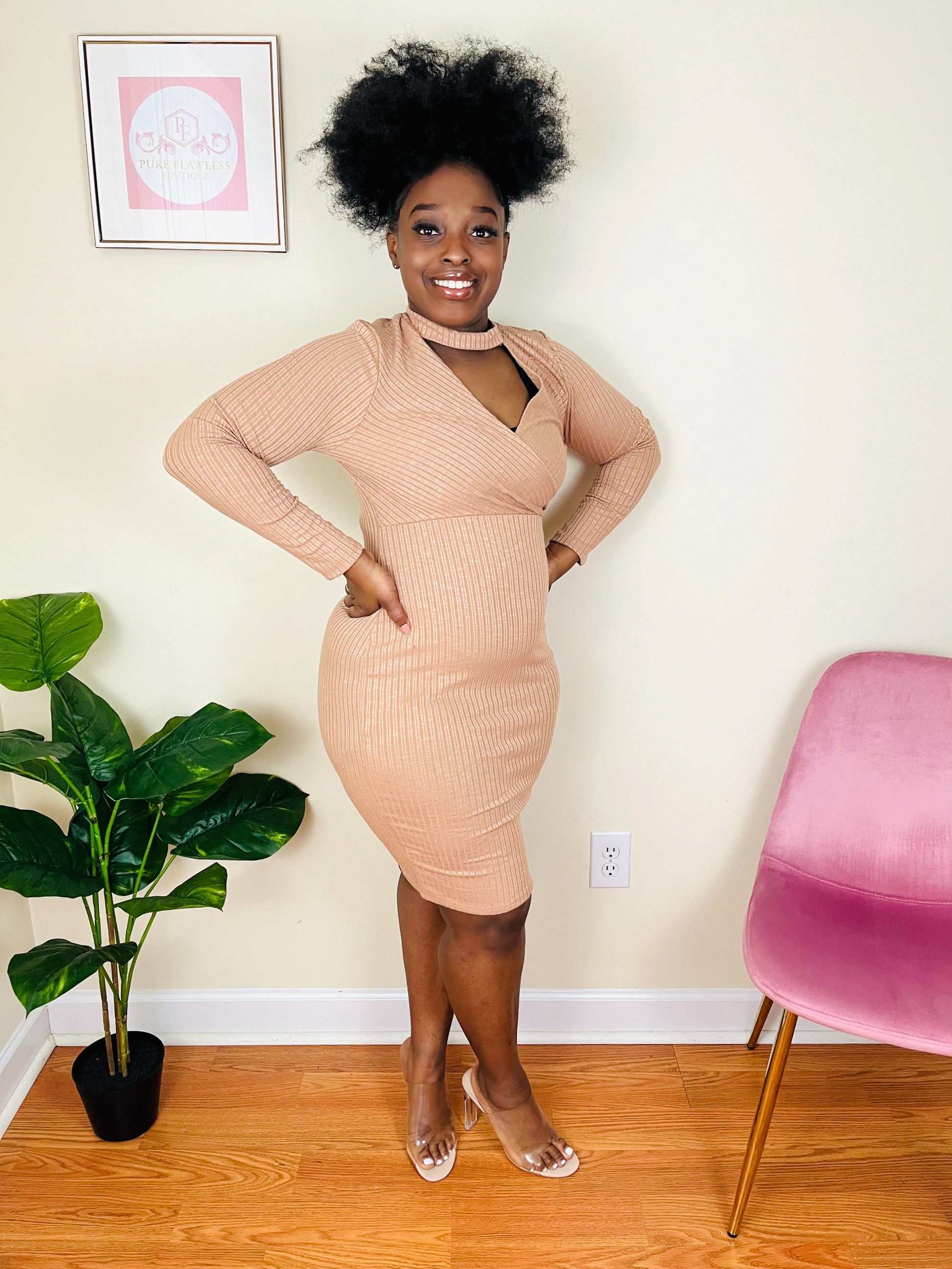nude bodycon sweater dress - midi