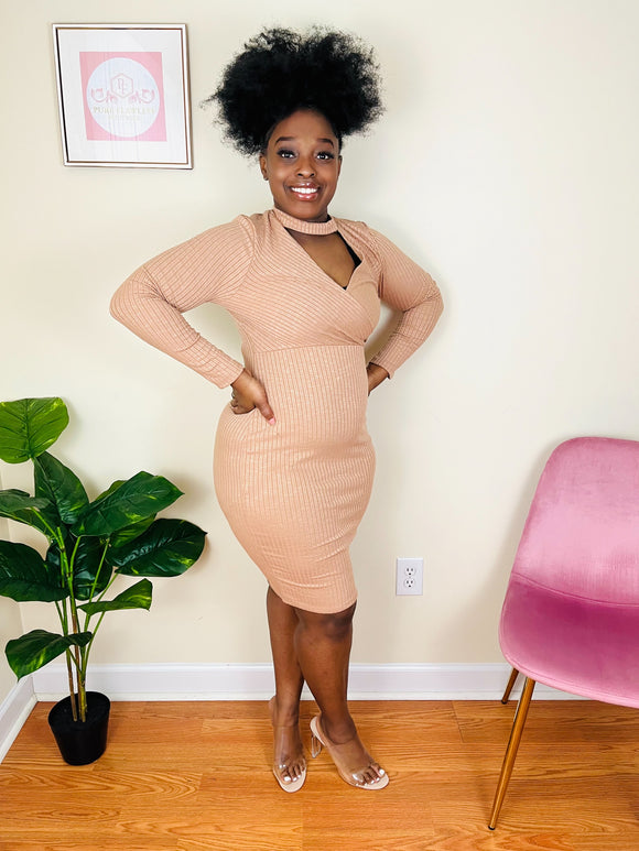 nude bodycon sweater dress - midi