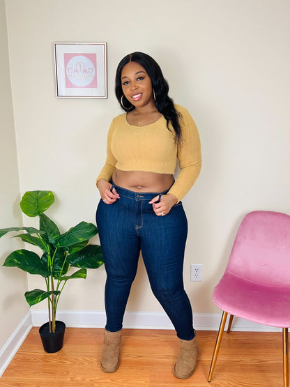 mustard fuzzy cropped sweater