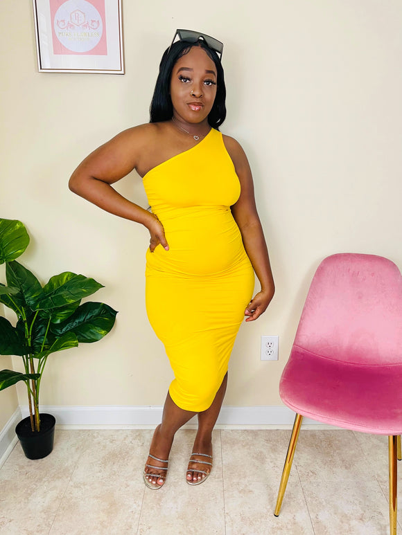 Warm Embrace | Mustard One Shoulder Ruched Bodycon Dress